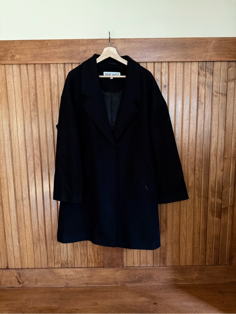 Nine West Black Wool-Blend Peacoat with Notch Lapel